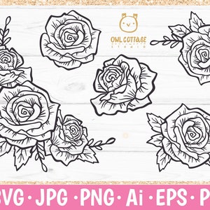 Rose SVG, Rose PNG, Hochzeitsblumen, Blumen SVG, Rose Silhouette, Rose Vektor, Rose Clipart, Blumendekor, Rosen Vorlage, druckbare Rosen