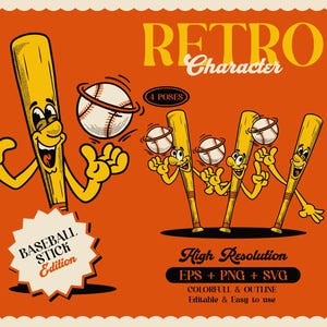 May include: Retro character illustration featuring a smiling baseball bat with arms and legs, and a baseball. The image includes the text "Retro Character" and "Baseball Stick Edition" on an orange background. The image also includes the text "High Resolution".