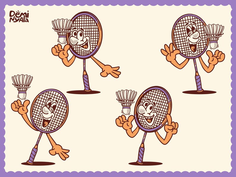 Cartoon All Rackets Types Retro Badminton Racket Character. Vintage Cartoon Mascot Illustration ...