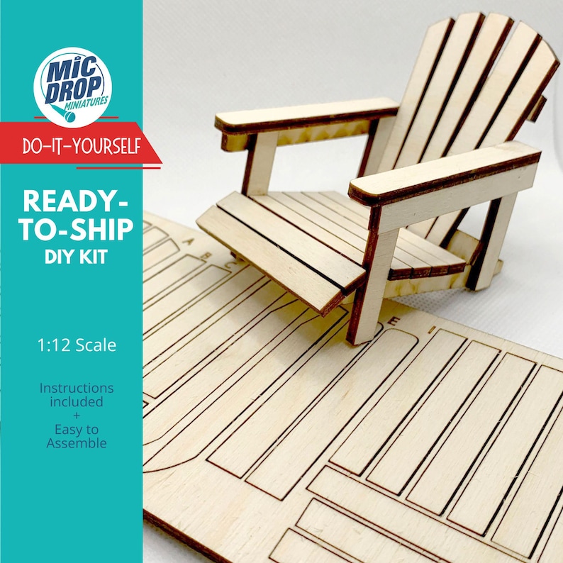 May include: A wooden DIY kit for building a 1:12 scale Adirondack chair. The kit includes all the pieces needed to assemble the chair, as well as instructions. The chair is made of unfinished wood and can be painted or stained to match any decor.