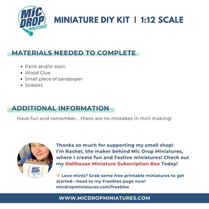 May include: A DIY miniature kit for dollhouses, featuring a 1:12 scale model. The kit requires paint, wood glue, sandpaper, and scissors. The image includes the Mic Drop Miniatures logo and a message from the maker, Rachel, encouraging customers to check out her subscription box.