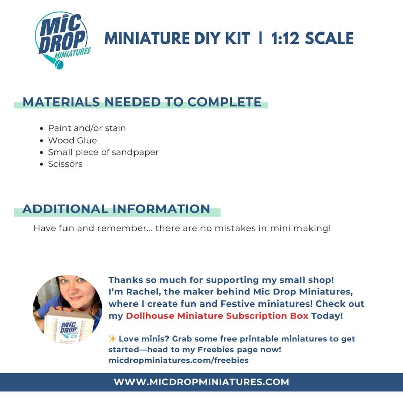 May include: A DIY miniature kit for dollhouses, featuring a 1:12 scale model. The kit requires paint, wood glue, sandpaper, and scissors. The image includes the Mic Drop Miniatures logo and a message from the maker, Rachel, encouraging customers to check out her subscription box.