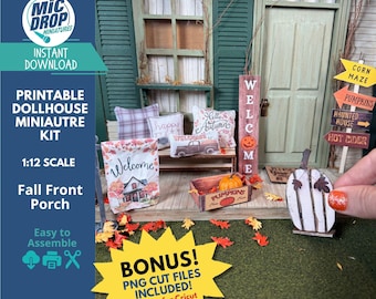 Printable Dollhouse Kit Fall Porch Miniatures Download, 1:12 Scale + Cricut Files