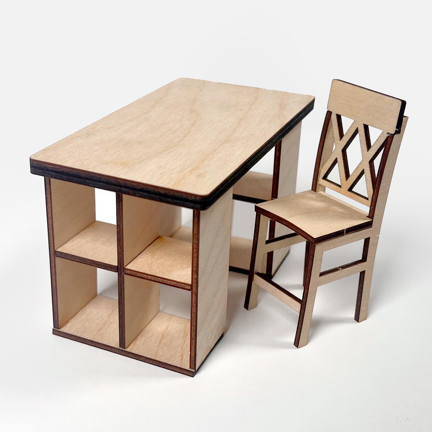 Model Craft Table DIY Dollhouse Miniature Crafting Table and Counter-height Chair - 1:12 ...