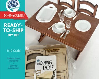DIY Dollhouse Miniature Dining Table Kit with 2 Chairs; 1:12 Scale