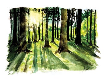 Light through Trees Watercolor, Trees Print, Sunlight Watercolor, Trees Watercolor, Forrest Watercolor, Landscape Watercolor, Watercolor Art