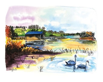Watercolor Swans, Purple Sky Swans, Serene Landscape, Purple Watercolor, Watercolor Landscape, Swans Wall Art, Colorful Calm Art, Swan Art