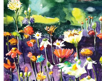 fall field of flowers, fall flowers, floral watercolor, secondary colors, bright flowers, peaceful painting, landscape painting, light