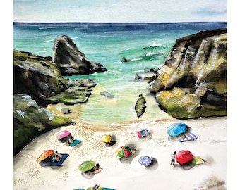 summer vacation, beach painting, beach umbrellas, ocean cove, island cove, beach day, beach watercolor, summer scene, island swimming