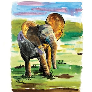 May include: A watercolor painting of a baby elephant standing in a grassy field. The elephant is gray with a brown ear and trunk. The background is a blue sky with purple clouds.
