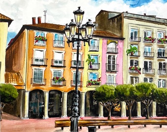 Spain Art Print, Colorful Plaza, City Watercolor, Spain Watercolor, Architecture Art Print, Colorful Buildings, Mothers Day Gift