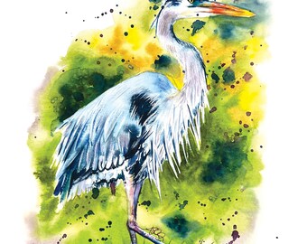 blue heron watercolor, blue heron painting, colorful animal painting, animal lover, watercolor animal, bird painting, vintage bird