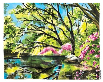 Pink reflection, serene landscape, trees over water, Peaceful water, watercolor landscape, reflective moments, gift for nature lover