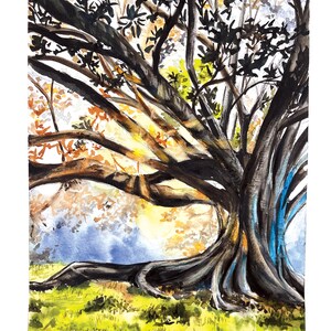 light through the trees, magic tree, light art print, tree wall art, gift for traveler, tree of life, sunshine landscape, detailed painting bild 1