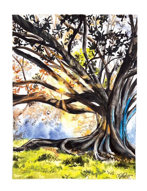 light through the trees, magic tree, light art print, tree wall art, gift for traveler, tree of life, sunshine landscape, detailed painting