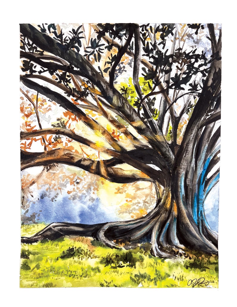 light through the trees, magic tree, light art print, tree wall art, gift for traveler, tree of life, sunshine landscape, detailed painting bild 1