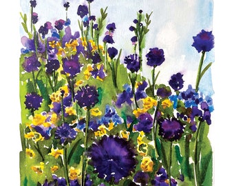 purple flowers, floral art, field of flowers, purple flowers painting, violet flowers, watercolor floral, watercolor painting, gift for mom