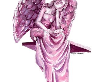 angel painting, angel wall art, watercolor angel, pink and purple art, thoughtful, spiritual art, guardian angel, angel art print, statue