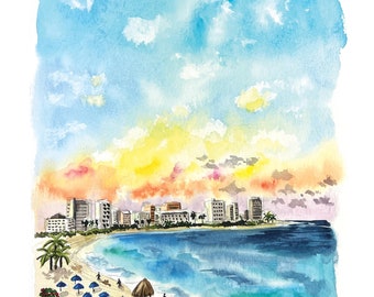 Cancun Painting, Cancun Watercolor, Yukatan Peninsula, Playa Del Carmen, Vacation Art, Travel Paintings, Vacation art, Beach Watercolor