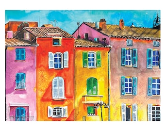 Vivid city, city of Rainbows, Colorful city, colorful buildings, sunlight on buildings, bright watercolor, gift for traveler, city wall art