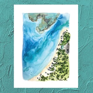 May include: A watercolor painting of a beach scene with a small green building on the shore. The water is a light blue color and the sand is a light brown color. The trees are a dark green color.