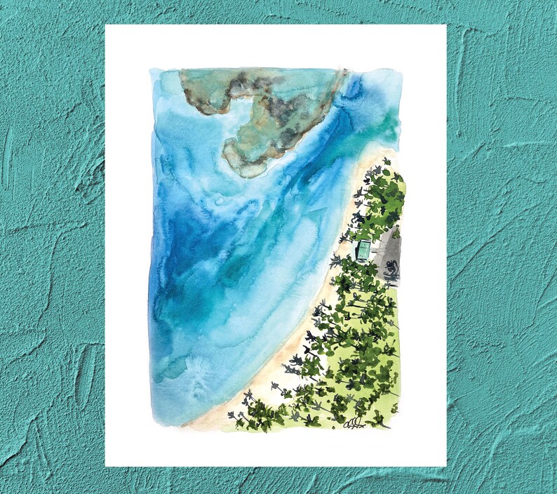 May include: A watercolor painting of a beach scene with a small green building on the shore. The water is a light blue color and the sand is a light brown color. The trees are a dark green color.