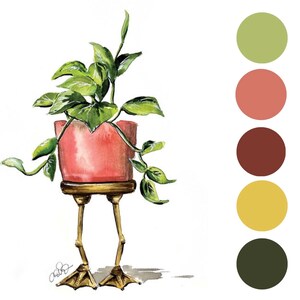 May include: A potted plant with green leaves in a pink pot with gold legs. The pot is shaped like a bird with two feet. The background is white with a color palette of green, pink, brown, yellow, and dark green.