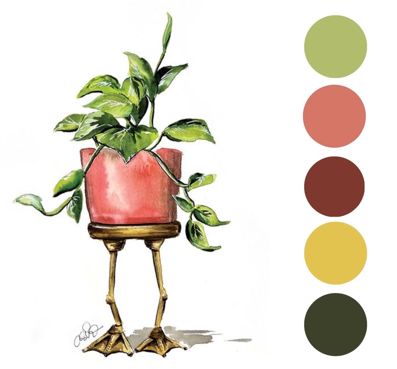 May include: A potted plant with green leaves in a pink pot with gold legs. The pot is shaped like a bird with two feet. The background is white with a color palette of green, pink, brown, yellow, and dark green.