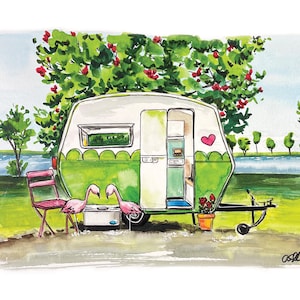 vintage camper, camping art, i love camping, RV art print, vintage camp art, scamp art print, camping painting, camping watercolor, vintage