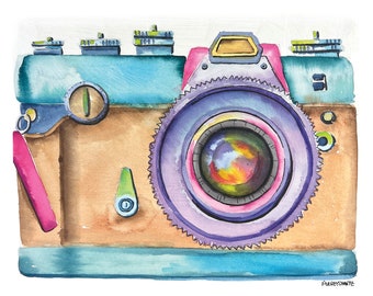 vintage camera, retro camera painting, watercolor camera, colorful camera, photography, thrifted camera, gift for photographer, happy art