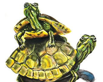 painted turtles, turtle painting, stacked turtles, turtle lover, animal painting, reptile painting, pet painting, turtle watercolor, gift