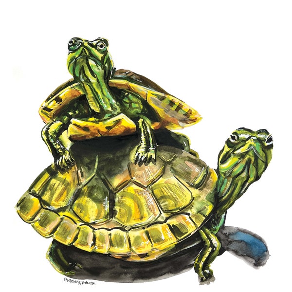 painted turtles, turtle painting, stacked turtles, turtle lover, animal painting, reptile painting, pet painting, turtle watercolor, gift