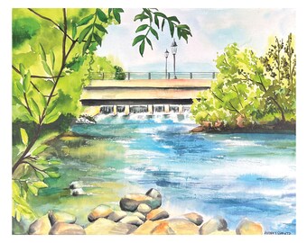 Rockford Dam, Rockford MI, River Landscape, Watercolor scene, West Michigan, water sketch, Calm Landscape, Grand Rapids MI, Midwest Art