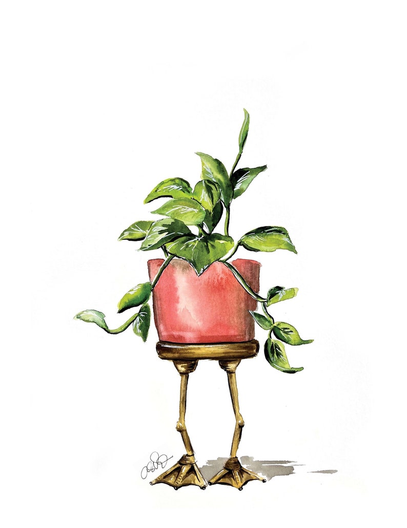May include: A watercolor painting of a potted plant with green leaves. The pot is pink and has gold legs shaped like chicken feet.