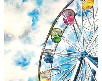 ferris wheel watercolor, summer carnival, summer memories, fun in the summer, colorful art, gallery wall, cheerful art, carnival ride