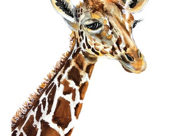 giraffe watercolor, animal painting, detailed giraffe, gallery wall, animal lover, zoo art, giraffe art print, giraffe wall decor, nursery