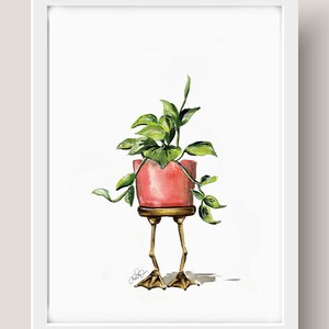 May include: A watercolor painting of a potted plant with green leaves. The pot is pink and has gold legs shaped like bird feet.