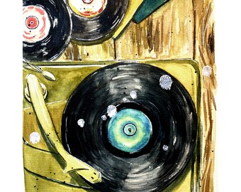 May include: A watercolor painting of a vintage record player with a black vinyl record on the turntable. There are three additional vinyl records stacked on top of the player, two of which have red and yellow labels.