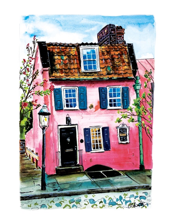 Pink House Cheerful Wall Art Bright Art Print Happy Art | Etsy