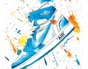 Nike shoes painting, Air Jordans art, shoes picture, sneakers, retro sneakers, high tops, watercolor painting, kids room, dorm room art