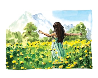 The Hills are Alive Print, Field of Flowers, Watercolor Art Print, Woman Flowers Art Print, Yellow Flowers, Mothers Day Gift, Gift for mom