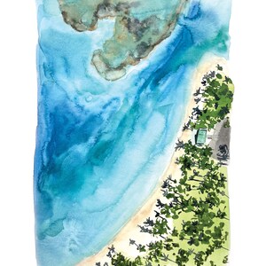 May include: A watercolor painting of a tropical beach scene. The painting shows a sandy beach with palm trees and a turquoise blue ocean. The ocean is a deep blue in the distance and fades to a lighter blue near the shore. The beach is a light tan color and the palm trees are a dark green.