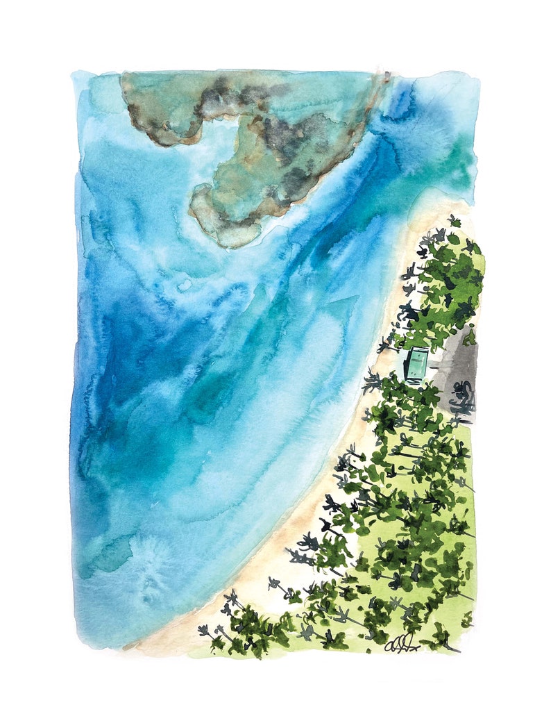 May include: A watercolor painting of a tropical beach scene. The painting shows a sandy beach with palm trees and a turquoise blue ocean. The ocean is a deep blue in the distance and fades to a lighter blue near the shore. The beach is a light tan color and the palm trees are a dark green.