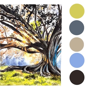 light through the trees, magic tree, light art print, tree wall art, gift for traveler, tree of life, sunshine landscape, detailed painting bild 2