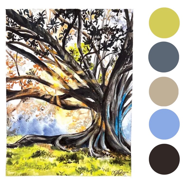 light through the trees, magic tree, light art print, tree wall art, gift for traveler, tree of life, sunshine landscape, detailed painting bild 2