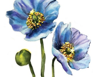 blue poppies, poppies watercolor, watercolor flowers, periwinkle flowers, floral painting, flower art print, floral wall decor, gallery wall