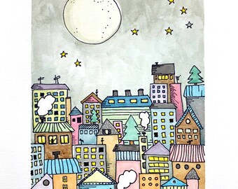 City Illustration, Illustrated City, Christmas Painting, Kids Wall Art, Mothers Day Gift, Colorful Art Print, Gift for Traveler, City Art