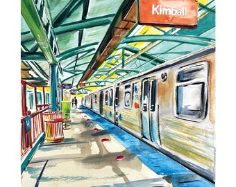 Chicago Train Station, Chicago transit, train station art, city art, city watercolor, brown line, Chicago art, L train, gift for traveler