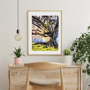 light through the trees, magic tree, light art print, tree wall art, gift for traveler, tree of life, sunshine landscape, detailed painting bild 4