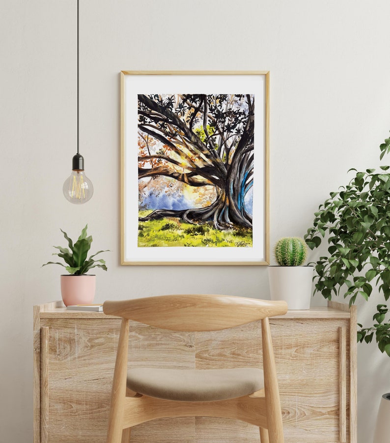 light through the trees, magic tree, light art print, tree wall art, gift for traveler, tree of life, sunshine landscape, detailed painting bild 4